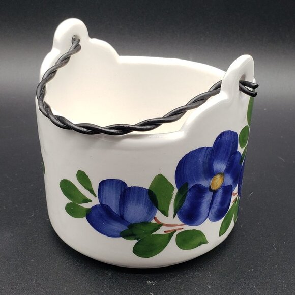 Italian Decorato A Mano Zoppola Friûl Floral Ceramic Metal Handle Basket Planter - Picture 3 of 9